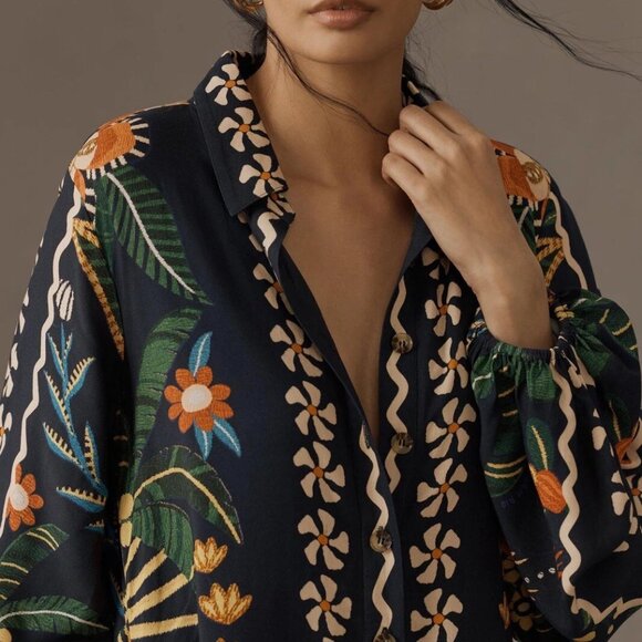 Anthropologie Farm Rio Long Sleeve Button-Front Floral Midi Dress - Picture 2 of 10